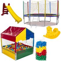 Super Combo Recreativo Cama Elástica 3,05m Piscina de Bolinhas 1,00m 500 Bolinhas Escorregador Médio Gangorra 1 Lugar