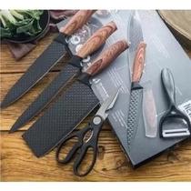Super Jogo De 6 Facas Cozinha Cutelo Tesoura Churrasco Descascador
