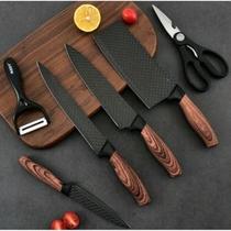 Super Jogo De Facas Gourmet Chef Profissional 6 Pçs Cozinha Churrasco Inox Cor Preto