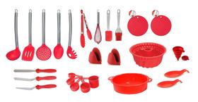 Super Kit 22 Utensílios de Cozinha Vermelho Formas e Colheres em Silicone Com cabo em Inox