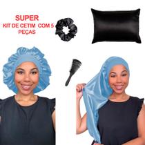 Super Kit 5 Peças Touca de Cetim Gigante Toca de Cetim Longa Fronha Escova Polvo Xuxa de Cetim
