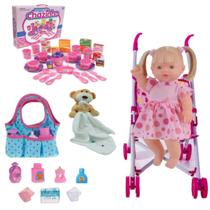 Super Kit Boneca que Fala + Chá + Bolsa + Carrinho + Naninha
