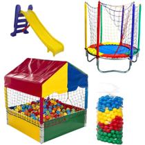Super Kit de Brinquedos Cama Elástica 1,40m Piscina de Bolinhas 1,00m 500 Bolinhas Escorregador Médio