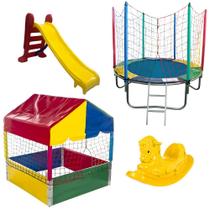 Super Kit de Brinquedos Cama Elástica 1,83m Piscina de Bolinhas 1,00m Escorregador Médio Gangorra 1 Lugar Super Kit de Brinquedos Cama Elástica 1,83m Piscina de Bolinhas 1,00m Escorregador Médio Gangorra 1 Lugar