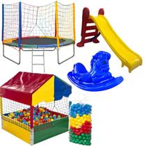 Super Kit de Diversão Cama Elástica 2,44m, Piscina de Bolinhas 1,00m, Escorregador e Gangorra Super Kit de Diversão Cama Elástica 2,44m, Piscina de Bolinhas 1,00m, Escorregador e Gangorra