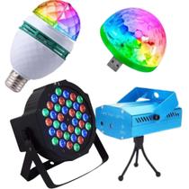 Super Kit Jogo de Luz Iluminação Led para Festa e Eventos Natal Boate 4 Itens Canhão Led Lâmpada Giratória Laser Projetor e Small Ball Usb