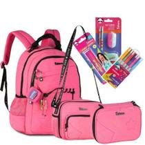 Super Kit Luluca Mochil Costas+Estojo Box+Lancheira Térmica+Itens de Papelaria Rosa Roxo Preto Clio