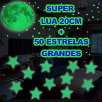 Super Lua 20cm + 50 Estrelas Grandes 4cm - Adesivos Brilham no Escuro Fosforescente - Decoração Quarto Infantil