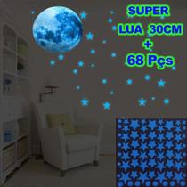 Super Lua 30cm + 68 Img (Estrelas e Esferas) Azul - Adesivos Brilham no Escuro Fosforescentes - Decoração Quarto Infantil