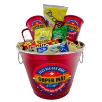 Super Mãe Kit balde Personalizado Cesta pronta Com Aperitivos e Canecas Aluminio