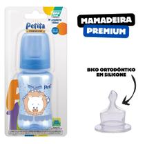 Super Mamadeira Premium 140ml AZul Bico Orto de silicone macio Petita Super Mamadeira Premium 140ml AZul Bico Orto de silicone macio Petita