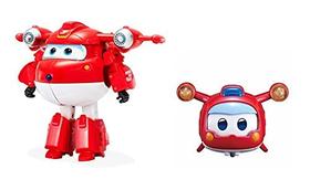 Super Wings - 5" Transformando 2 Pacotes Supercharged Jett & Super Pet Jett Brinquedos de Avião Novidade da 5ª temporada Avião para robô Presentes de aniversário pré-escolar para 3 crianças de 4 5 anos com efeito luz