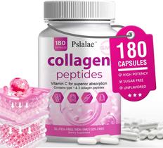 Suplemento de colágeno Pslalae (180 cápsulas) Vitamina C e vitamina E, peptídeos de colágeno, absorção superior, sustentam a pele, não transgênicos, sem açúcar