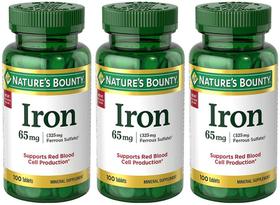 Suplemento de Ferro Nature's Bounty 65mg - 3 Frascos com 100 Comprimidos Suplemento de Ferro Nature's Bounty 65mg - 3 Frascos com 100 Comprimidos