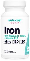 Suplemento de ferro Nutricost para mulheres 65 mg com vitamina C 180 Ca