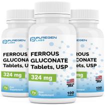 Suplemento de ferro Puregen Labs Gluconato ferroso 324 mg 300 comprimidos