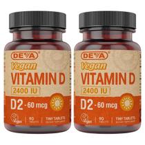 Suplemento de vitamina D2 vegana DEVA 60mcg 2400IU 90 comprimidos x2