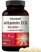 Suplemento de vitamina D3 NatureBell 50.000 UI com K2 200 mcg 180 cápsulas gelatinosas