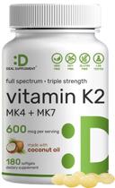 Suplemento de vitamina K2 SUPLEMENTO PROMOCIONAL 600mcg 180 cápsulas gelatinosas