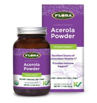 Suplemento Flora Acerola em pó com frasco de vidro de 50 ml de vitamina C