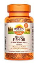 Suplemento Sundown: óleo de peixe inodoro, 1290 mg, ômega 3, 72 cápsulas gelatinosas