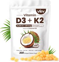 Suplemento VEV de vitamina D3 10000 UI + K2 com 300 cápsulas gelatinosas de óleo de coco virgem