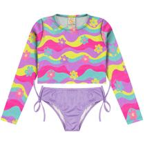 Suplex multicolorido estampado ondas neon biquini infantil feminino blusa cropped + calcinha com forro