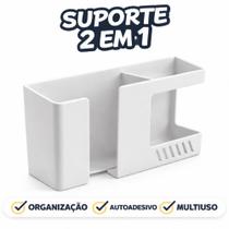 Suporte 2 em 1 Duplo Celular Controle Remoto Adesivo Fixação Parede Branco Suporte 2 em 1 Duplo Celular Controle Remoto Adesivo Fixação Parede Branco