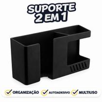Suporte 2 em 1 Duplo Celular Controle Remoto Adesivo Fixação Parede Preto Suporte 2 em 1 Duplo Celular Controle Remoto Adesivo Fixação Parede Preto