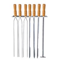 Suporte 6 Espetos Churrasco + 1 Espalha Brasa Aço Inox Cabo Madeira 7pçs