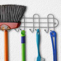 Suporte 8 Ganchos Multiuso Porta Vassoura Rodo Pá Pendurar Aço Cromado Organizador Parede