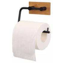 Suporte Adesivo de Parede Porta Papel Higiênico de Bambu e Ferro Preto