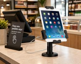 Suporte Antifurto Para Tablet C/ Trava Compatível c/ iPad e Samsung, Rotação 360, Inclinação Ajustável, Instalação Mesa/Parede