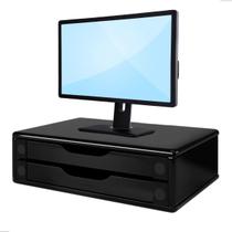 Suporte Apoio Preto Para Monitor De Mesa Base Madeira Com 2 Gavetas Removíveis Organizador