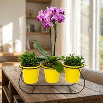 Suporte Aramado para Vasos 3 Lugares Aço Preto, 27 cm Para Vasos de 9 cm