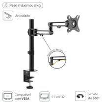 Suporte Articulado Ergonômico Para Monitor Gamer Até 8Kg de 17 Até 32 Polegadas Material Alumínio Reforçado Padrão VESA
