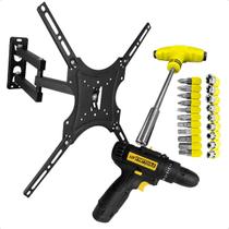 Suporte Articulado TV/Monitor 14 a 55 Polegadas + Parafusadeira Recarregável Bivolt + Jogo de Chave 24 Peças