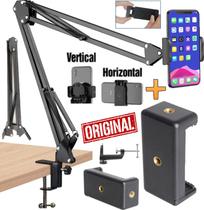 Suporte Braço Articulado de Mesa Celular Smartphone Garra Apoio Horizontal Vertical Foto Vídeo Selfie Podcast Escritório