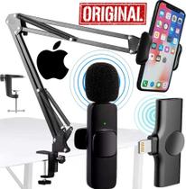 Suporte Braço Articulado Flexível Ajustável Apoio Celular Mesa Podcast Entrevista + Microfone Lapela Sem Fio iPhone Ios
