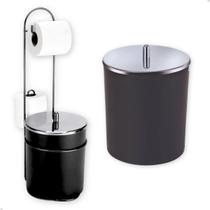 Suporte Chão P/Papel Higiênico C/Lixeira Tp Inox Premium Preto