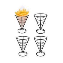 Suporte Cone Fritas Cestinha Inox Preto Servir Petisco 4un