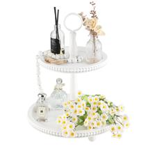 Suporte de bandeja em camadas SYNCVIBE Beaded Rustic Wooden, 2 camadas, branco