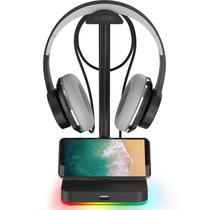 Suporte de fone de ouvido KAFRI RGB com hub USB, suporte de fone de ouvido de mesa para jogos, suporte de suporte com 1 extensão USB 2.0, cabo extensor de porta de carregamento adequado para jogos de mesa para jogadores, acessórios de fone de ouvido para jogos de mesa, preto
