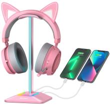 Suporte de fone de ouvido RGB New bee com portas USB-C e USB (rosa)