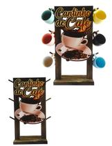 Suporte De Madeira Rustica Com 6 Xicaras De Porcelana 95ml Coloridas Cantinho Do Café