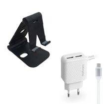 Suporte de Mesa Base para Celular Tablet Smartphone + Carregador Duplo USB com Cabo Micro USB