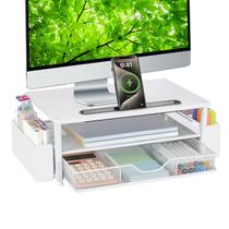 Suporte de monitor de madeira branco AUPSEN de 2 camadas com gaveta