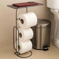 Suporte de Papel Higiênico Aramado com Porta Celular 3 Rolos Preto