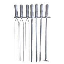 Suporte de Parede + 6 Espetos Para Churrasco + 1 Espalha Brasa Aço Inox Cabos em Alumínio Pantheon