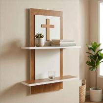 Suporte de Parede para Bíblia e Imagens Oratório em MDF Cantinho de Oração - Branco/Madeirado - 68x45x12cm